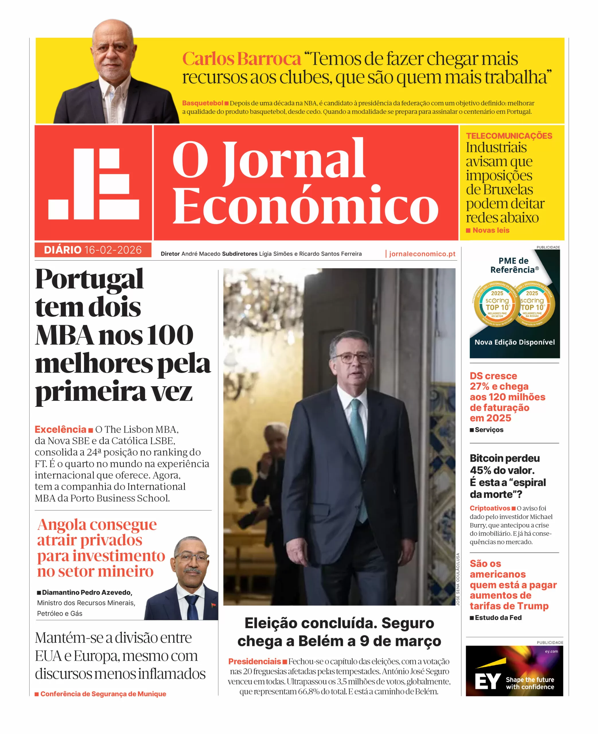A primeira página do Jornal Económico de 16 de fevereiro