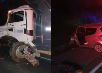 Motorista fica ferido após colisão entre carro e caminhão na BR-470, em Rodeio