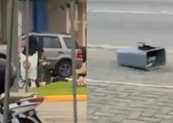 Centro de Camboriú tem lixeiras destruídas por mulher em cadeira de rodas